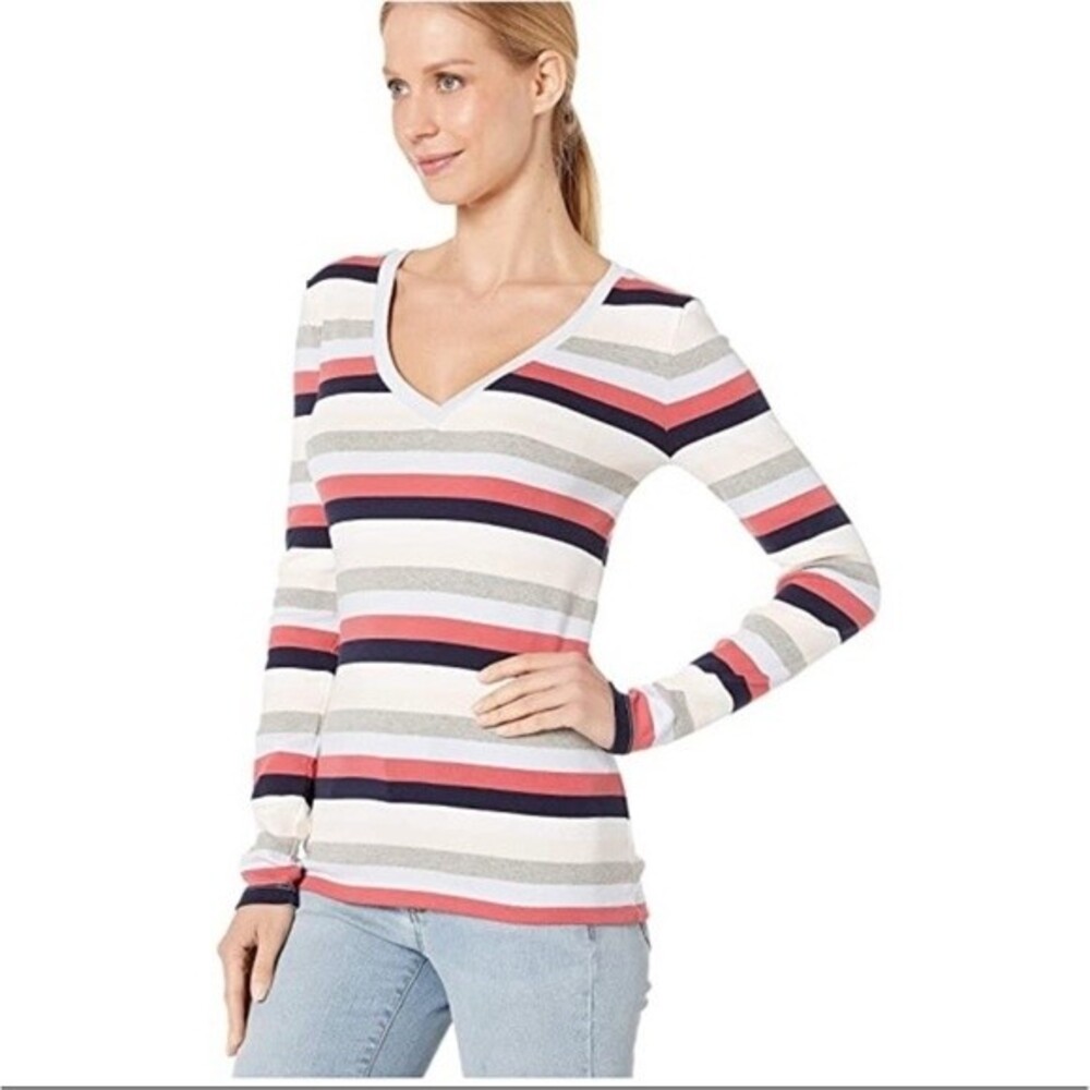 J. Crew Multicolor Striped Perfect V-neck Long Sleeve T-shirt, Size XXS NWOT